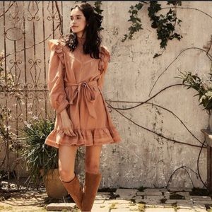 Doen Moore mini dress Victorian ruffle blush pink tan large